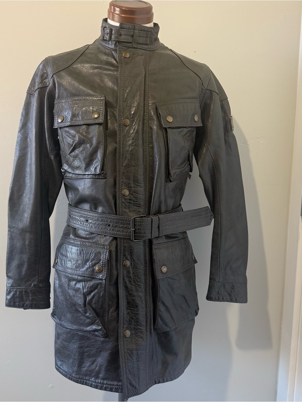 Belstaff vintage black leather belted long field jacket/coat, IT 40 (US S)